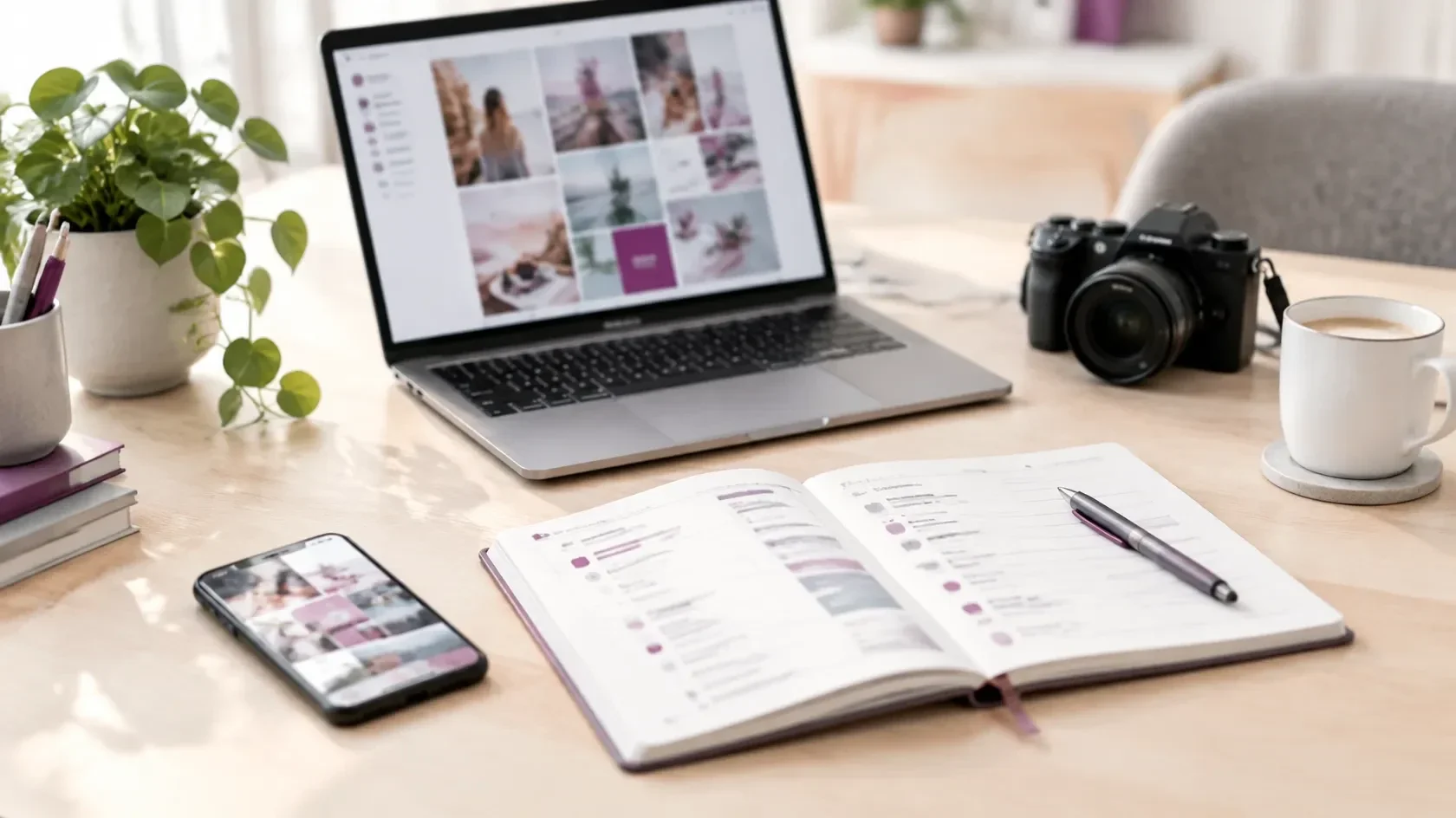 Laptop, Smartphone, Kamera und Notizbuch auf einem Arbeitsplatz zur Planung von Social-Media-Inhalten und Online-Marketing.