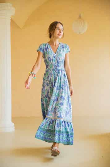 Maxi jurk met korte mouw blauw/munt