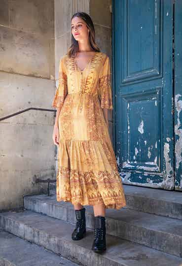 boho maxi jurk 3/4 mouwen oker