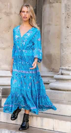boho maxi jurk 3/4 mouwen blauw