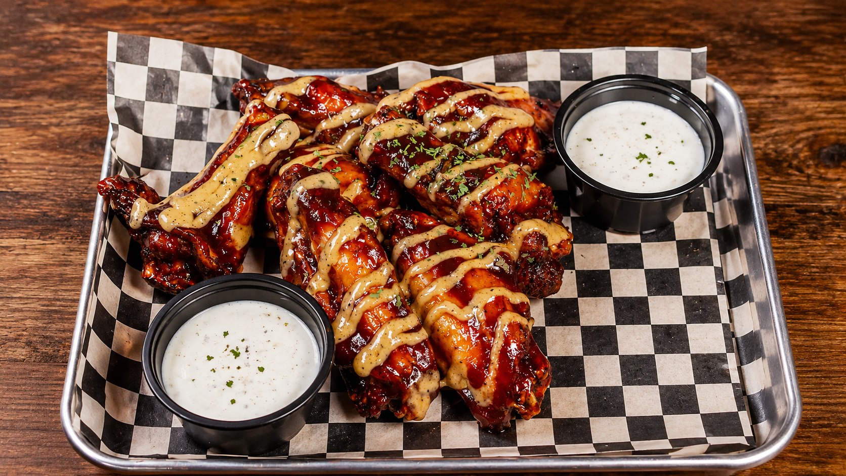     Bone-in BBQ wings served with ranch