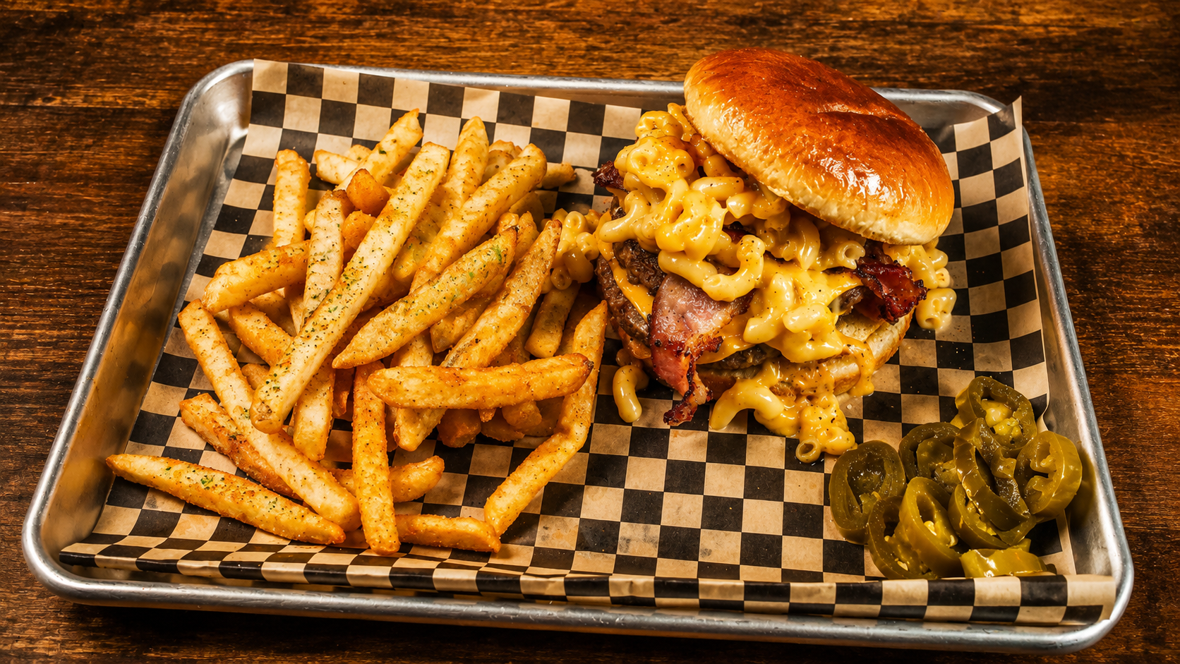     Mac N Cheese Burger with green chile mac and fries