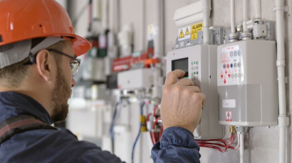 Technicien portant un casque de sécurité orange et des lunettes de protection, en train de manipuler un panneau de contrôle de sécurité incendie fixé à un mur.