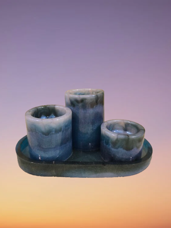 Blue resin 3 piece candle holder