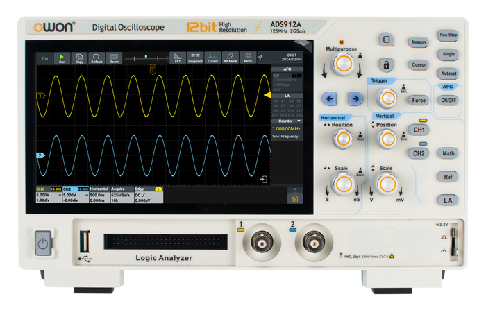 OWON ADS912A showing fine waveform detail on the 12-bit display