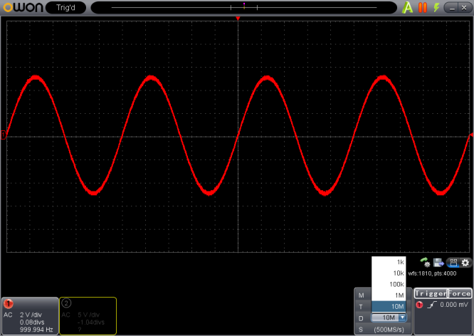 OWON VDS software showing a deep-memory waveform capture