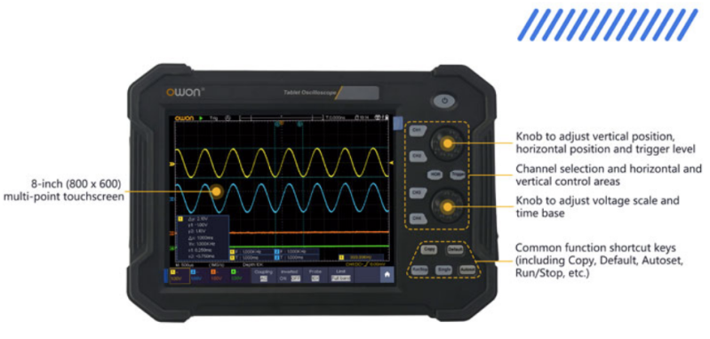 OWON TAO3104A 8-inch 800 x 600 multi-touch screen with rotary knobs and shortcut keys