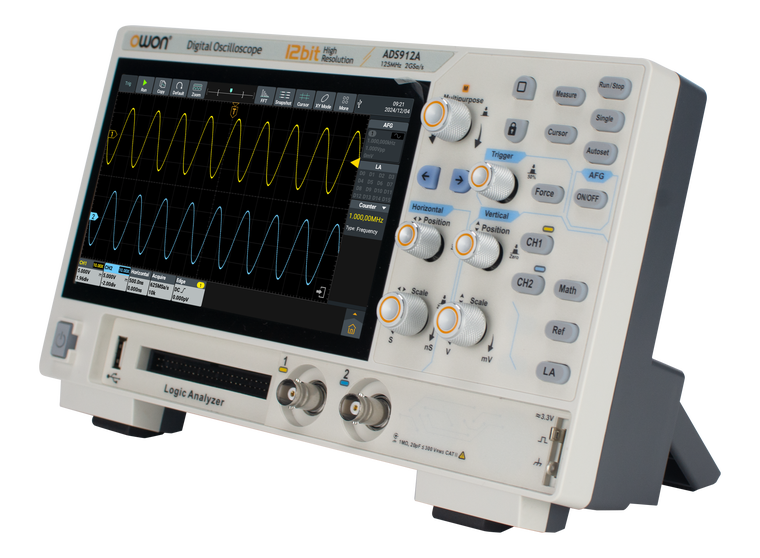OWON ADS924A four-channel 12-bit benchtop oscilloscope, angled view