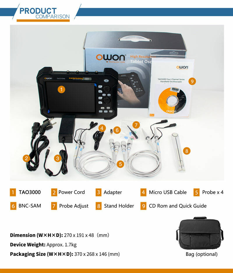 OWON TAO3104A enclosure: the tablet oscilloscope with power cord, adapter, micro-USB cable, four probes, BNC-SAM adapter, probe adjuster, stand holder, CD-ROM and quick guide, plus the optional bag