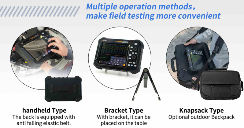Three ways to use the OWON TAO3000 in the field: handheld with elastic belt, on its bracket, or in the optional backpack