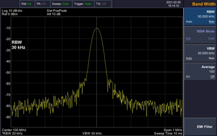 OWON XSA800 spectrum trace with resolution-bandwidth settings