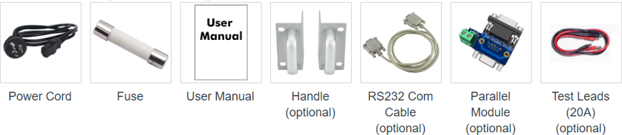 OWON OEL85 accessories: power cord, fuse, user manual, optional handle, RS232 cable, parallel module and 20 A test leads