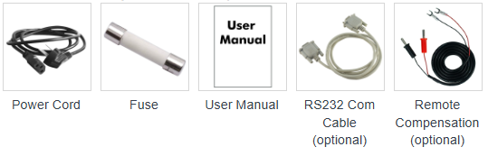 OWON OEL6015 accessories: power cord, fuse, user manual, optional RS232 com cable and remote compensation leads