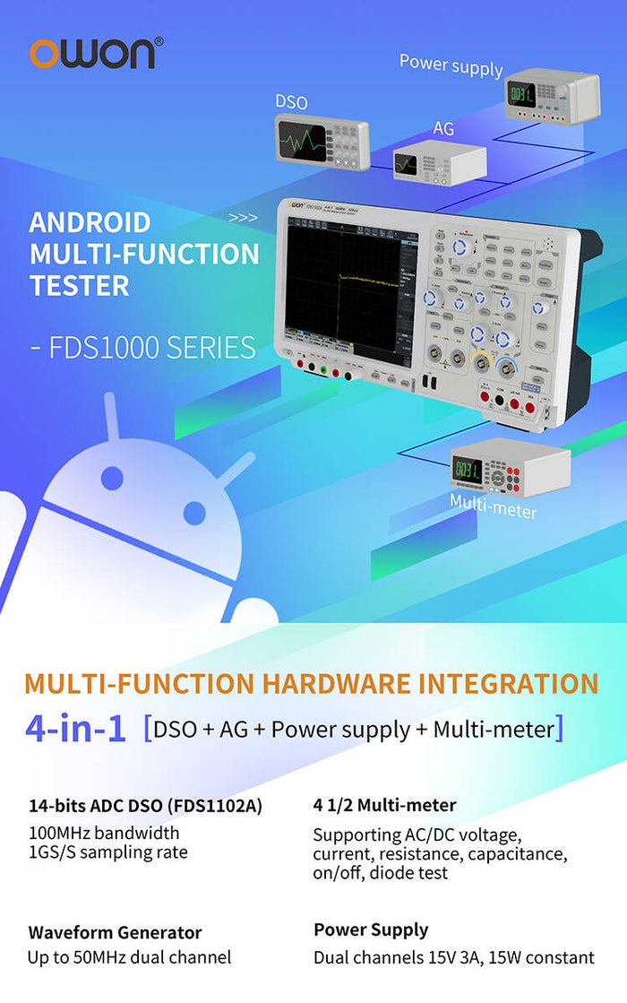 OWON FDS1000 series factory overview: Android multi-function tester combining DSO, waveform generator, power supply and multimeter