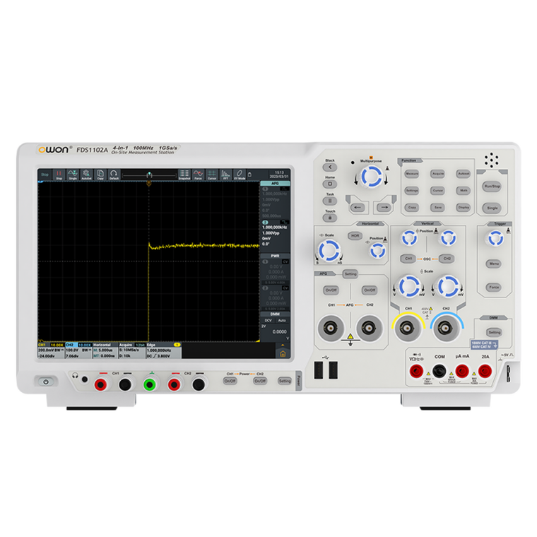 OWON FDS1102A front panel: 10.4-inch touchscreen, scope, generator, power supply and multimeter sections