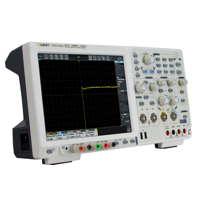 OWON FDS1102A left angled view with power supply outputs and USB ports