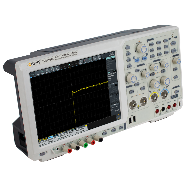 OWON FDS1102A 4-in-1 measurement station, right angled view of the 10.4-inch touchscreen and control panel