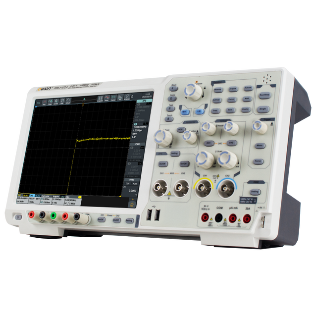 OWON FDS1102A low angled view showing multimeter jacks and BNC inputs