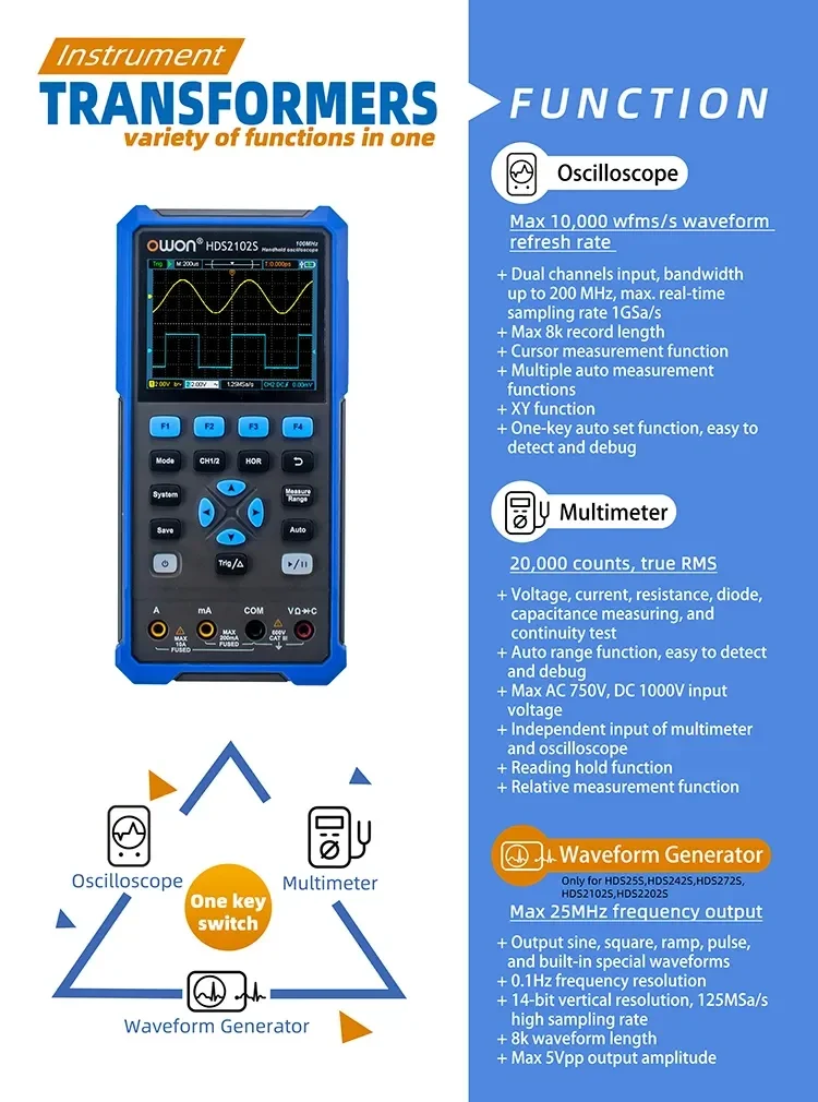 OWON HDS200 3-in-1 oscilloscope, multimeter and generator