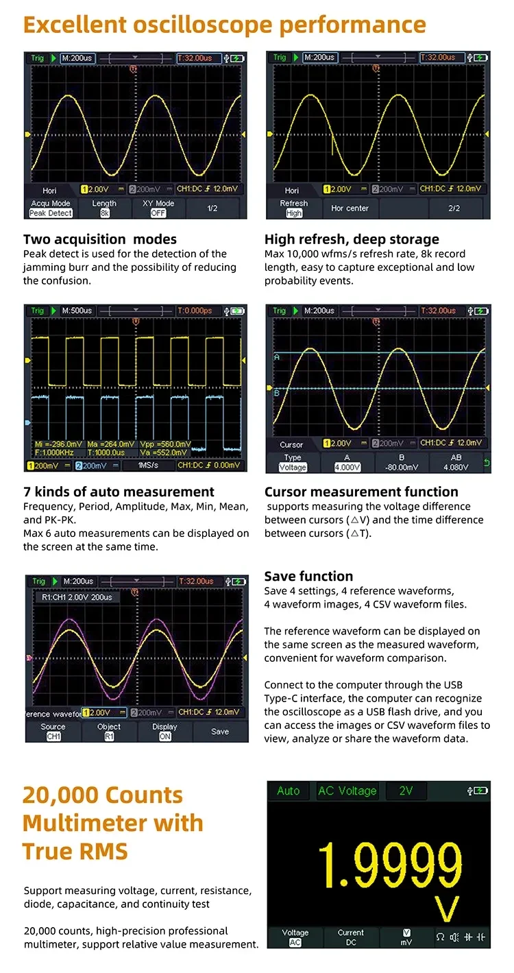 HDS200 oscilloscope and True-RMS multimeter screens