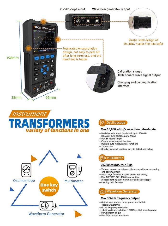 OWON HDS310S one-key switching between oscilloscope, multimeter and generator