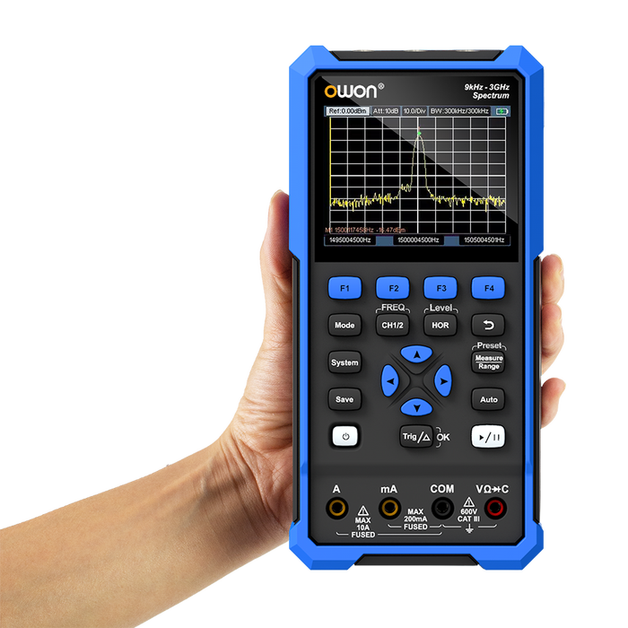 OWON HSA2000 held in one hand, showing its size