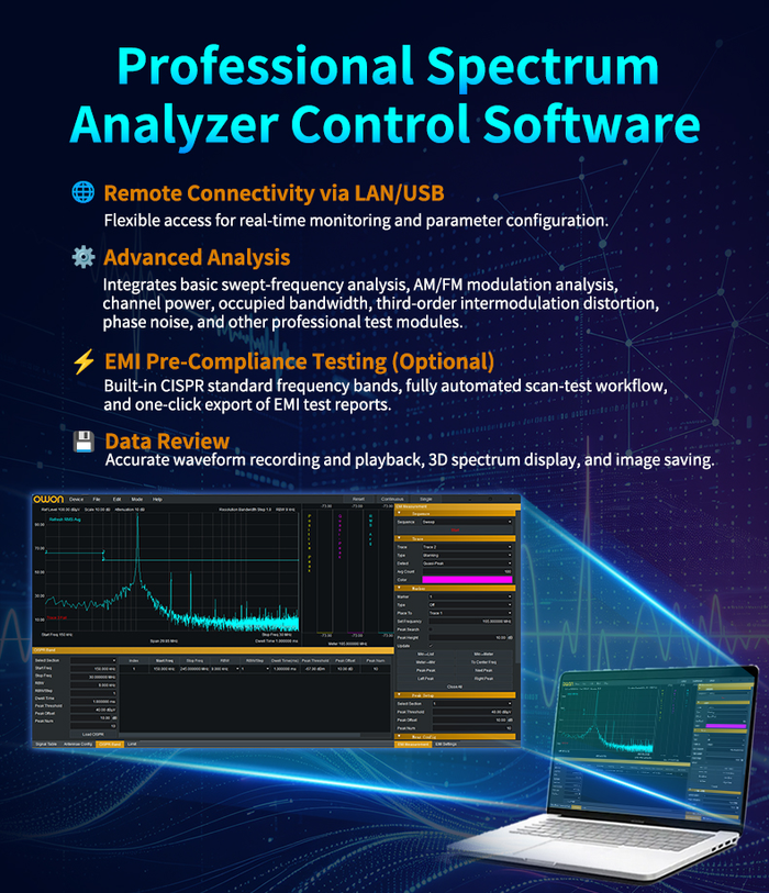 OWON Spectrum Vision PC software controlling an HSA3000-R over LAN