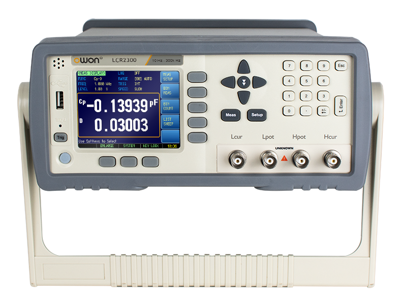 OWON LCR2000 precision LCR meter — front view with 3.5-inch colour display