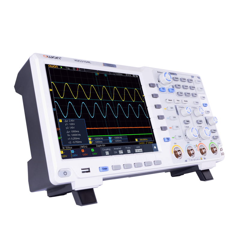 OWON XDS3000 dual-channel oscilloscope, three-quarter view