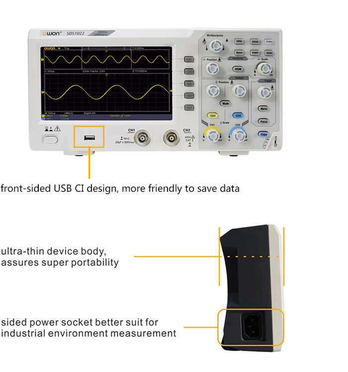 OWON SDS1000 ultra-thin body with front-side USB port