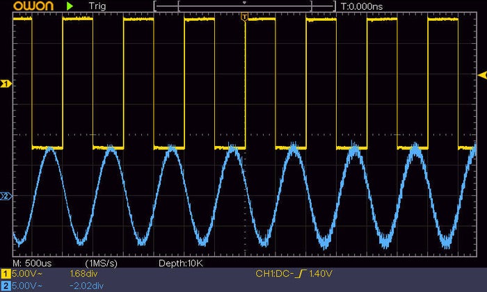 OWON SDS1000 7-inch display showing two waveforms