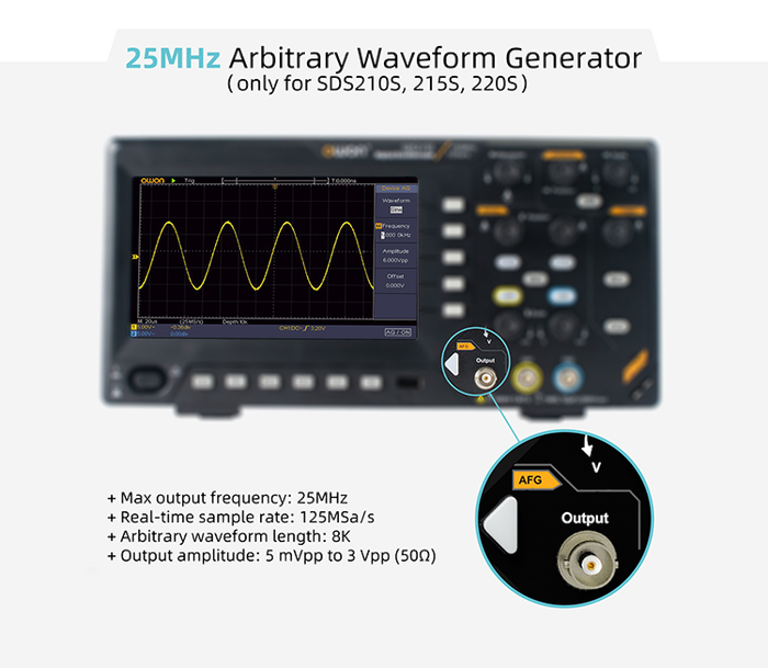 OWON SDS200S built-in 25 MHz arbitrary waveform generator output