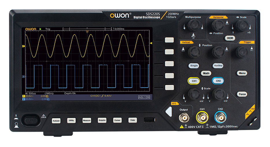OWON SDS200 series oscilloscope, front panel — photographed as the SDS220S; the SDS215 is the same chassis at 150 MHz