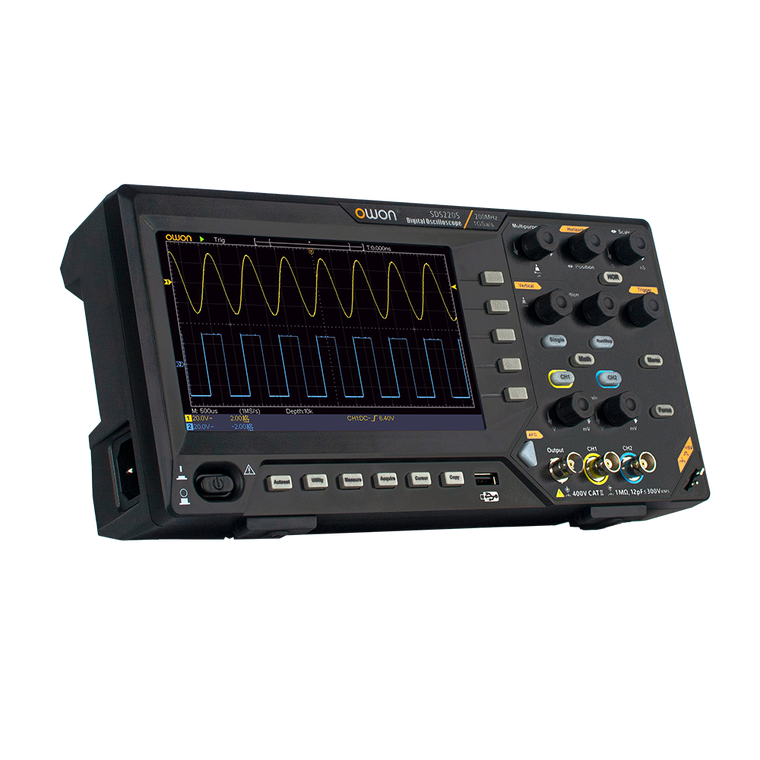 OWON SDS200 series oscilloscope, side angle