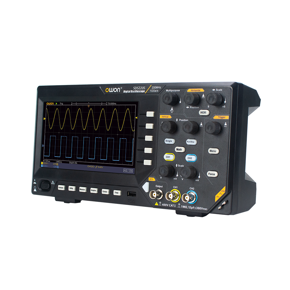 OWON SDS200 series oscilloscope, three-quarter view — photographed as the SDS220S; the SDS215 is the same chassis at 150 MHz
