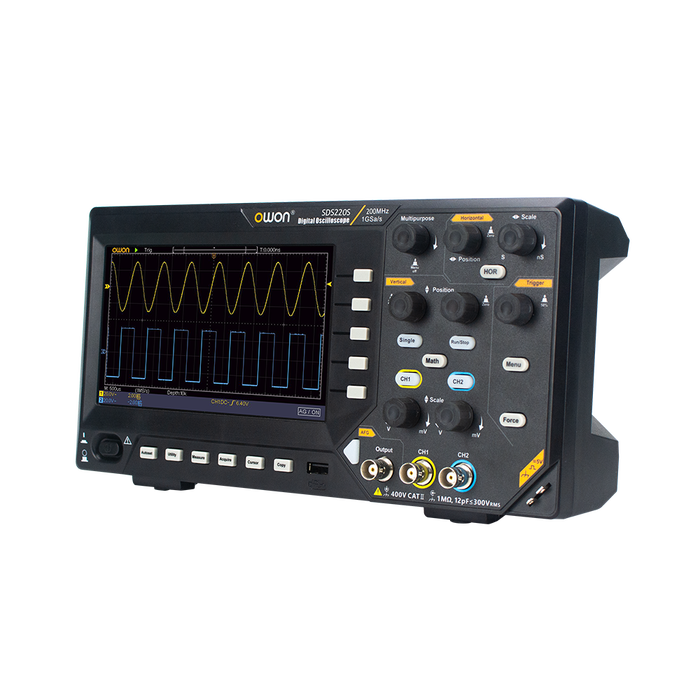 OWON SDS200 oscilloscope, three-quarter view