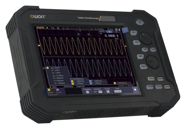 OWON TAO3000 tablet oscilloscope, front view with a waveform on the screen