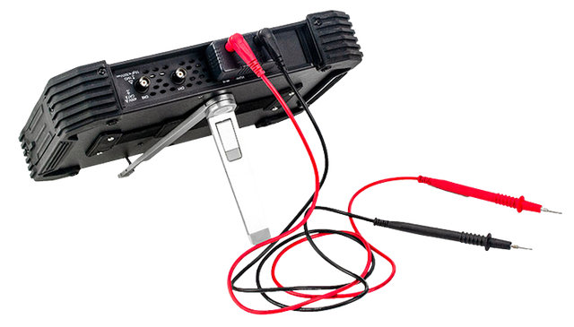 OWON TAO3072 with multimeter test leads and its fold-out stand