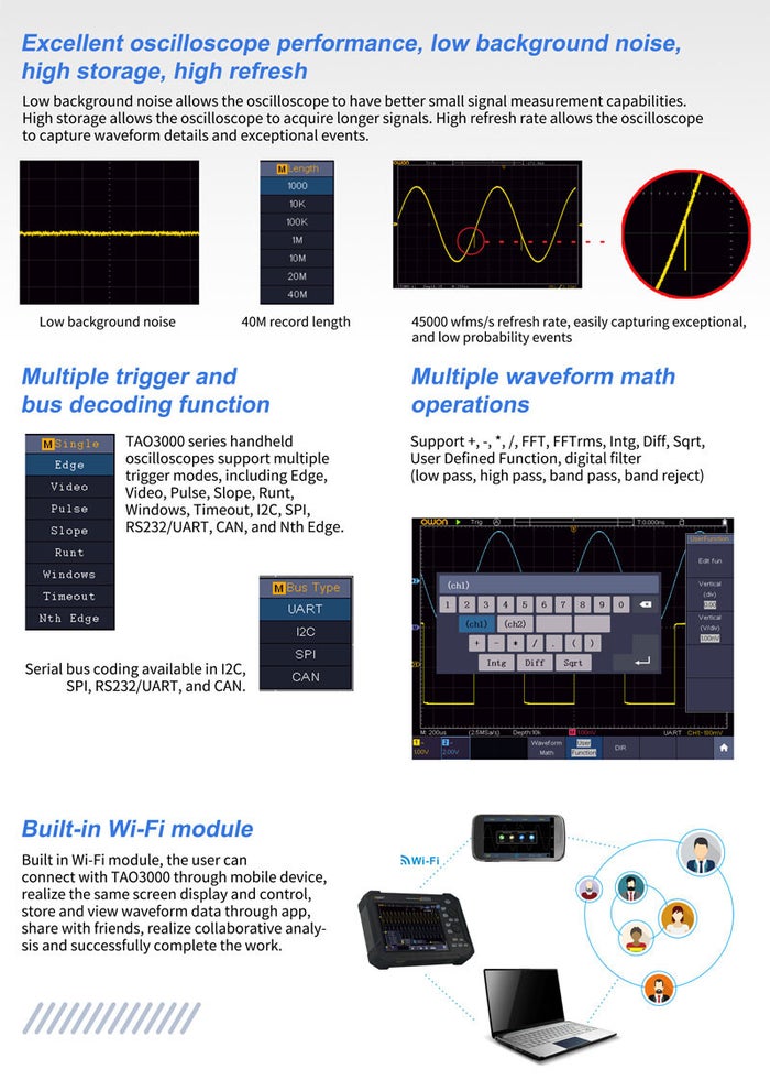OWON TAO3000 measurement performance: low background noise, 40M record length, 45,000 wfms/s refresh, trigger types and waveform math