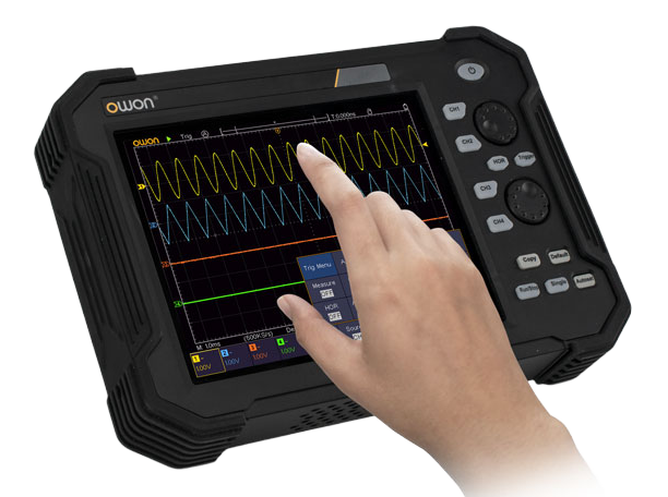 A finger operating the TAO3000 8-inch multi-touch oscilloscope display