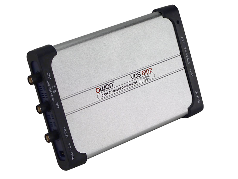 OWON VDS6000 PC oscilloscope, side-angle view