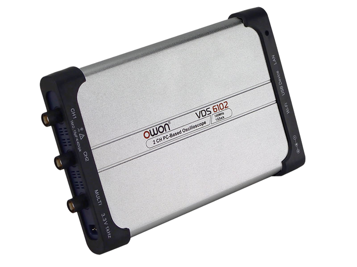 OWON VDS6102 virtual oscilloscope, angled view