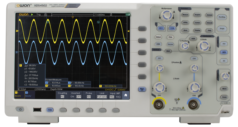 OWON XDS4502 two-channel 500 MHz oscilloscope, front view