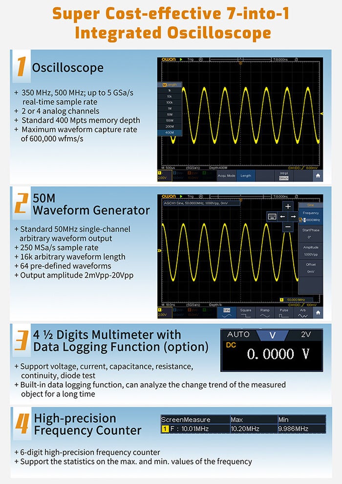 OWON XDS4000 built-in 50 MHz arbitrary waveform generator screen