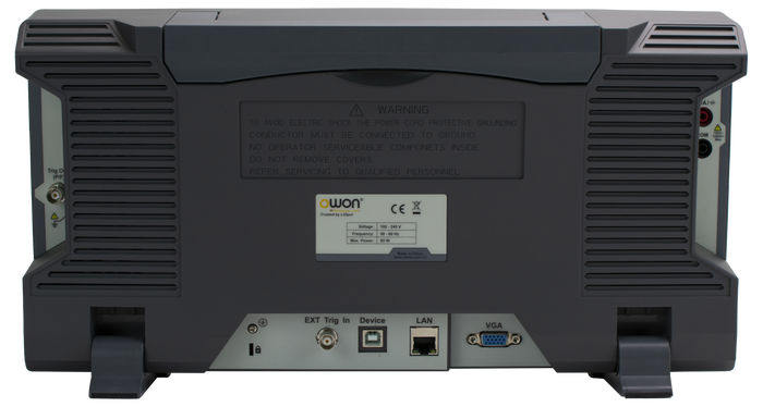 OWON XDS4000 rear panel with LAN, VGA, USB and trigger connectors