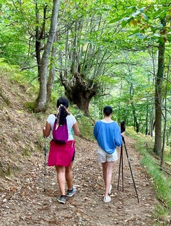Dos personas caminando por un sendero en el bosque, rodeadas de árboles y naturaleza, en una ruta de senderismo cerca de Armaño 12.