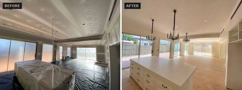 Before and after new-build interior painting with chandeliers, Melbourne