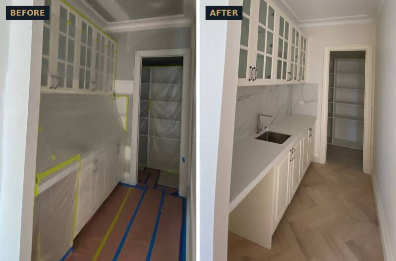 Before and after butler's pantry painting from bare plaster, Toorak