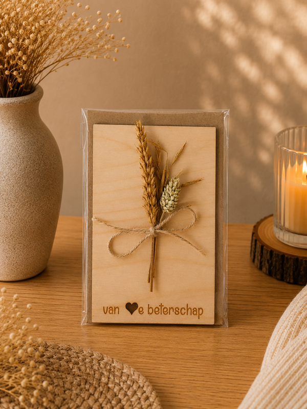 Houten wenskaart + doorbloemen : van ♡e beterschap
