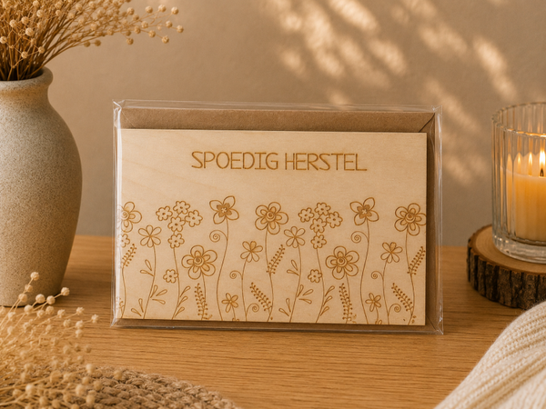 Houten wenskaart : spoedig herstel